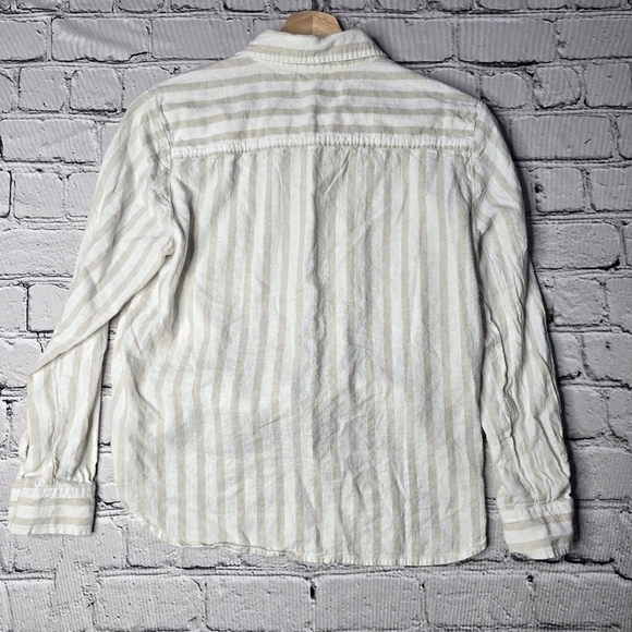 Loft Petites Striped Tie Front Linen Blend Button Up Shirt Beige White Size SP - Picture 7 of 11
